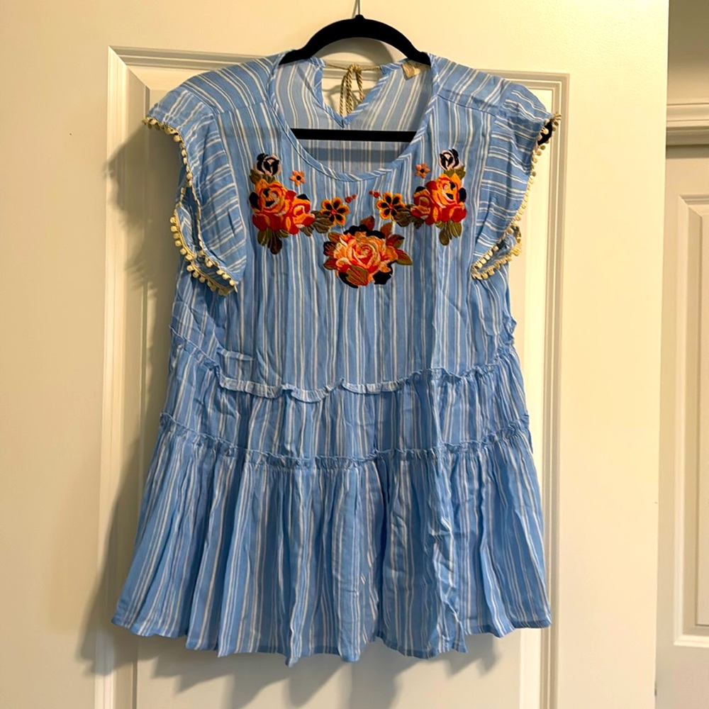 Altar’d State blue & white striped embroidered top with flutter sleeves